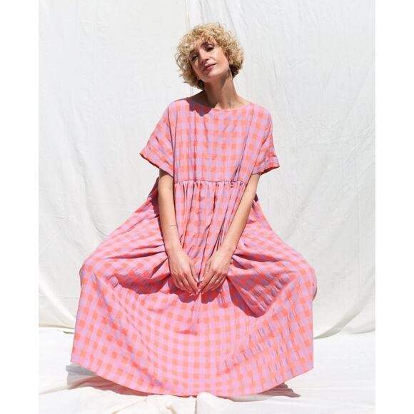 OFFON Oversized seersucker checks dress SILVINA - Picture 2 of 11